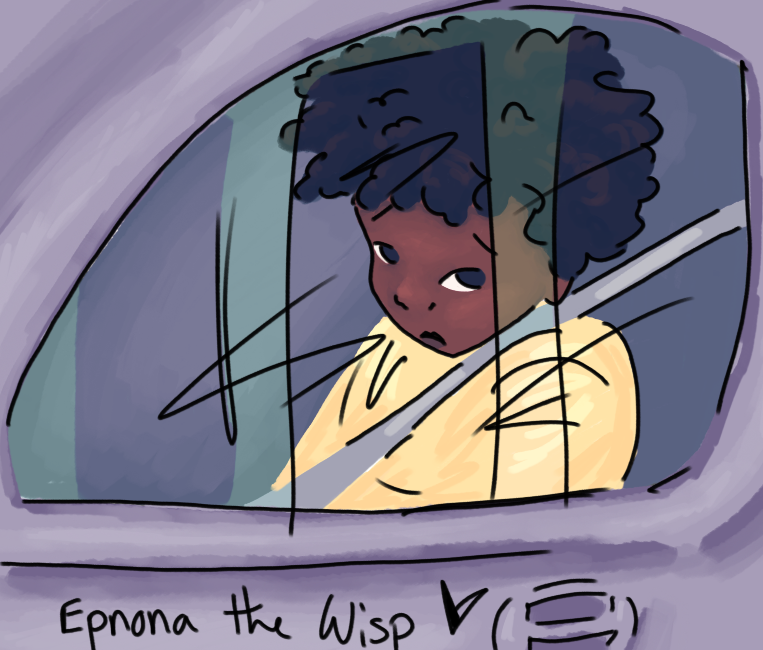 Digital art of Chara sitting in a car and looking out the window, buildings visible in the glass reflection.